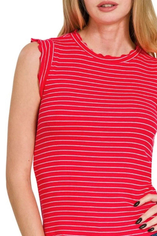 Zenana Ribbed Ruffle Trim Sleeveless Stripe Top - Shop Style & More | Fresh Looks, Everyday Deals & Free Shipping