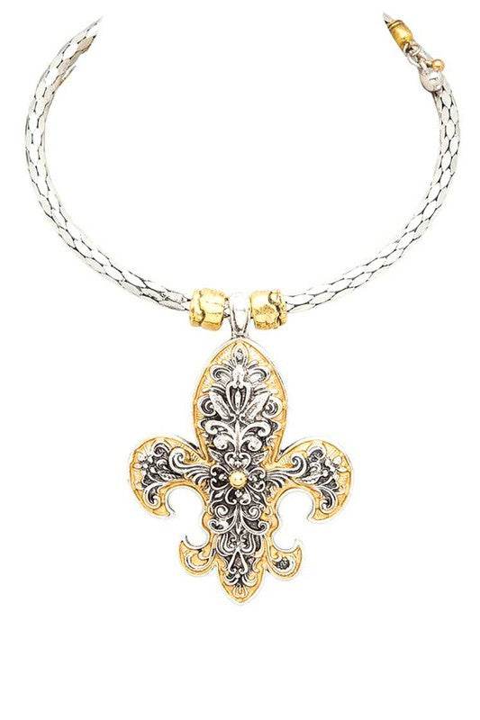 2 Tone Fleur De Lis Pendant Collar Necklace - Shop Style & More | Fresh Looks, Everyday Deals & Free Shipping