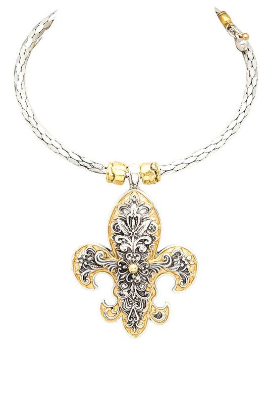 2 Tone Fleur De Lis Pendant Collar Necklace Silver O S Jewelry - Necklace