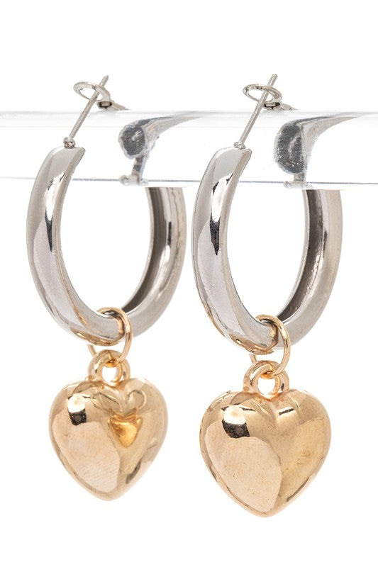 2 Tone Heart Charm Hoop Earrings Rhodium Gold O S Jewelry - Earring