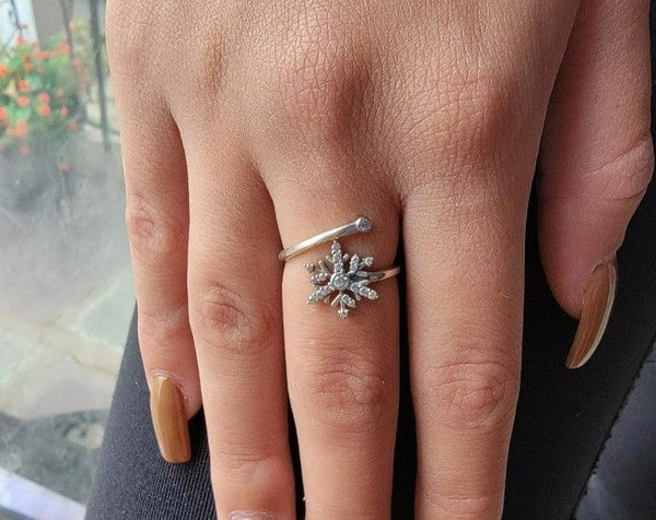 .925 Sterling Silver CZ Snowflake Adjustable Ring Jewelry - Rings
