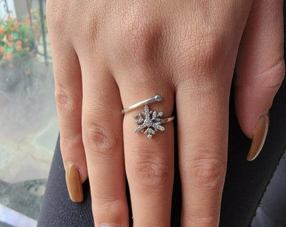 .925 Sterling Silver CZ Snowflake Adjustable Ring Jewelry - Rings