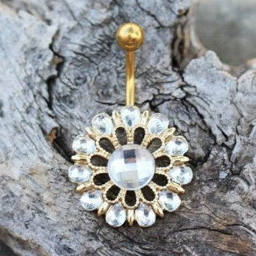 Gold Plated Checkerboard Cut CZ Flower Navel Ring - Shop Style & More | Fresh Looks, Everyday Deals & Free Shipping