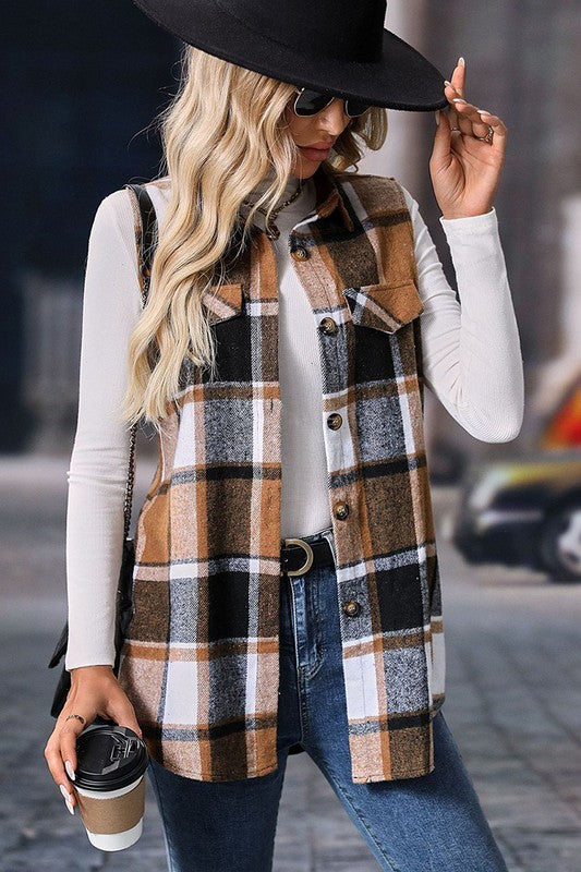 Straw Yellow Retro Plaid Button up Collared Vest Women's Outerwear