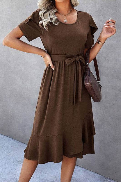Petal Sleeve Ruffle Trim Wrap Belted Midi Dress - Shop Style & More | Fresh Looks, Everyday Deals & Free Shipping