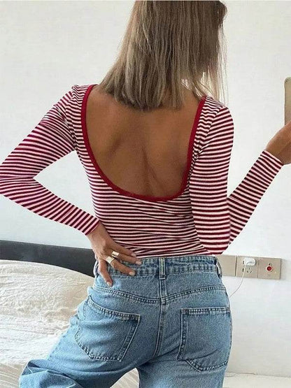 Striped long sleeve open back shirt - Shop Style & More | Fresh Looks, Everyday Deals & Free Shipping