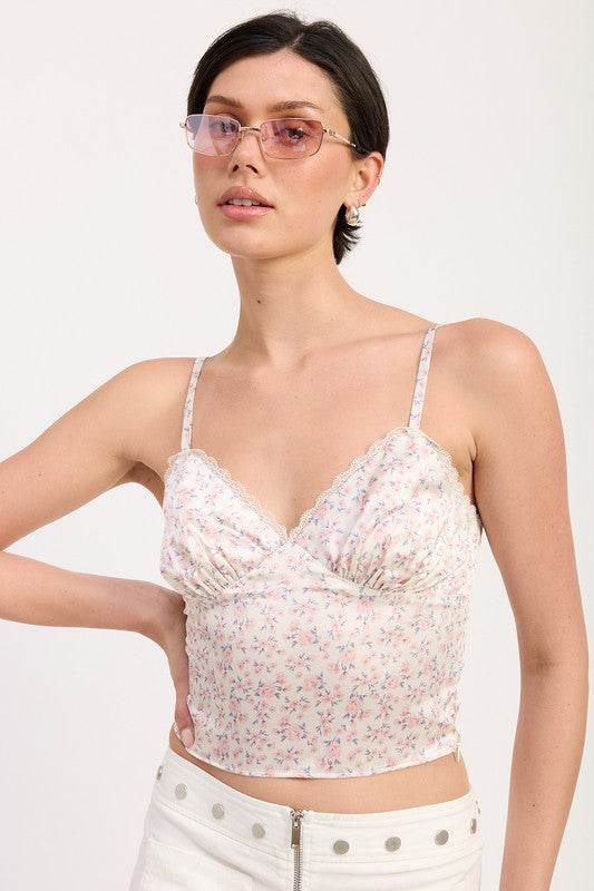 FLORAL SATIN CAMI TOP WITH LACE TRIM - Shop Style & More | Fresh Looks, Everyday Deals & Free Shipping