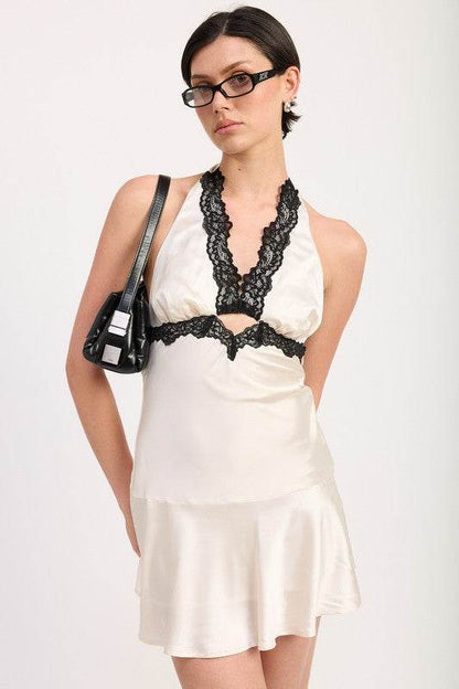 HALTER MINI DRESS WITH LACE TRIM DETAIL - Shop Style & More | Fresh Looks, Everyday Deals & Free Shipping