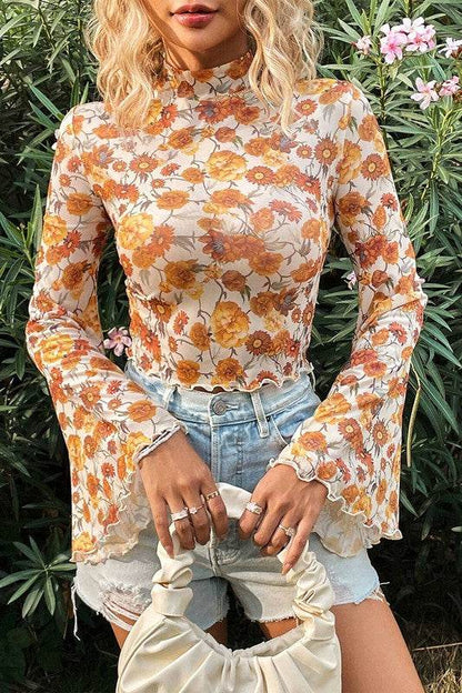 Floral Bell Sleeve Mock Neck Scallop Trim Blouse - Shop Style & More | Fresh Looks, Everyday Deals & Free Shipping