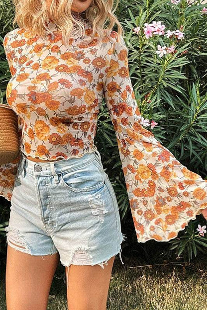 Floral Bell Sleeve Mock Neck Scallop Trim Blouse - Shop Style & More | Fresh Looks, Everyday Deals & Free Shipping