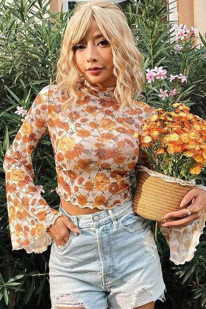 Floral Bell Sleeve Mock Neck Scallop Trim Blouse - Shop Style & More | Fresh Looks, Everyday Deals & Free Shipping