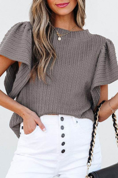 Solid Color Textured Flutter Sleeve Top - Shop Style & More | Fresh Looks, Everyday Deals & Free Shipping