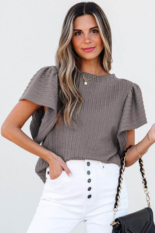 Solid Color Textured Flutter Sleeve Top - Shop Style & More | Fresh Looks, Everyday Deals & Free Shipping