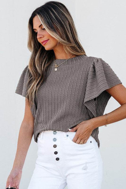 Solid Color Textured Flutter Sleeve Top - Shop Style & More | Fresh Looks, Everyday Deals & Free Shipping