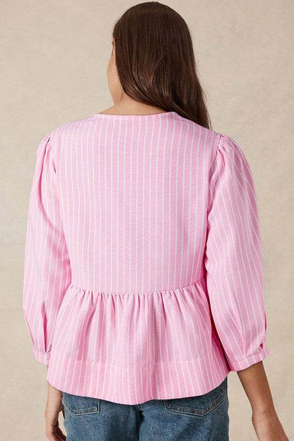 Stripe Bowknot Front Crew Neck Puff Sleeve Blouse - Shop Style & More | Fresh Looks, Everyday Deals & Free Shipping