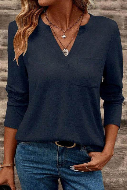 V Neck Pocket Patched Long Sleeve Blouse - Shop Style & More | Fresh Looks, Everyday Deals & Free Shipping