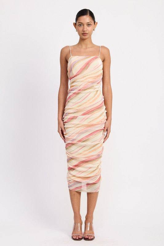 RUCHED MESH MIDI DRESS WITH ADJUSTABLE STRAPS - Shop Style & More | Fresh Looks, Everyday Deals & Free Shipping