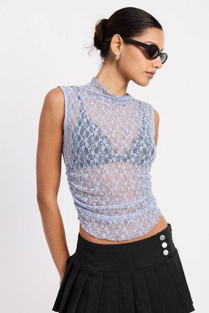 LACE MOCK NECK SLEEVELESS TOP WITH SIDE RUCHING - Shop Style & More | Fresh Looks, Everyday Deals & Free Shipping