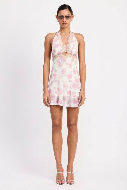 FLARED MINI DRESS WITH HALTER NECK AND LACE TRIM - Shop Style & More | Fresh Looks, Everyday Deals & Free Shipping
