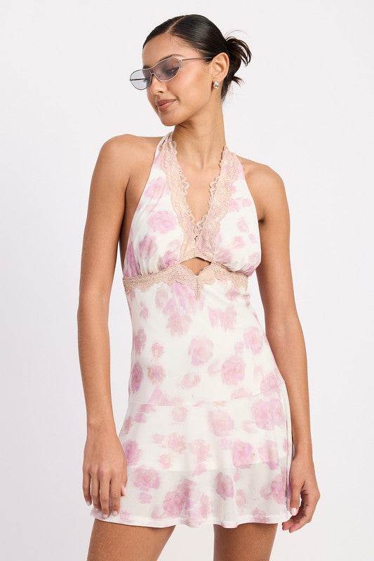 FLARED MINI DRESS WITH HALTER NECK AND LACE TRIM - Shop Style & More | Fresh Looks, Everyday Deals & Free Shipping
