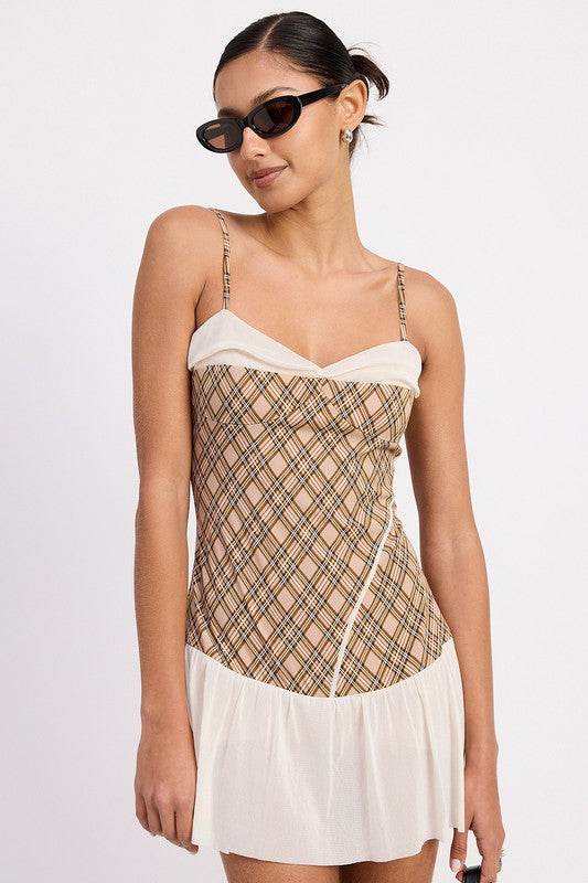 PLAID RUCHED MINI DRESS WITH CONTRAST TRIM - Shop Style & More | Fresh Looks, Everyday Deals & Free Shipping