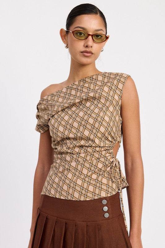 ASYMMETRIC ONE SHOULDER RUCHED PLAID TOP - Shop Style & More | Fresh Looks, Everyday Deals & Free Shipping