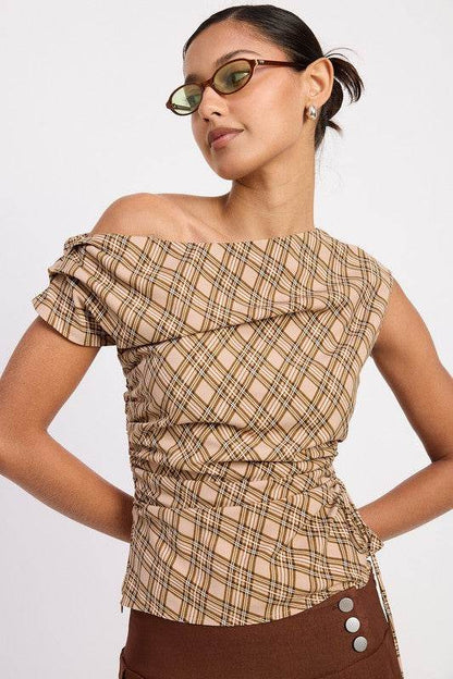 ASYMMETRIC ONE SHOULDER RUCHED PLAID TOP - Shop Style & More | Fresh Looks, Everyday Deals & Free Shipping