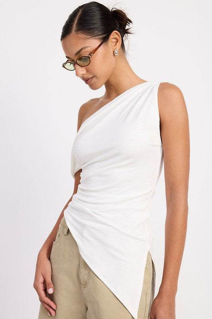ONE SHOULDER ASYMMETRICAL HEM TOP WITH SIDE TWIST - Shop Style & More | Fresh Looks, Everyday Deals & Free Shipping