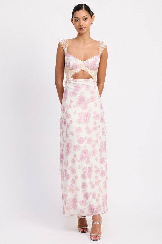 FLORAL MESH LACE TRIM MAXI DRESS WITH BUST CUTOUT - Shop Style & More | Fresh Looks, Everyday Deals & Free Shipping