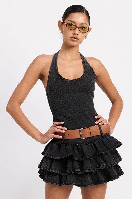 MINI BELTED RUFFLED DENIM DRESS WITH HALTER NECK - Shop Style & More | Fresh Looks, Everyday Deals & Free Shipping