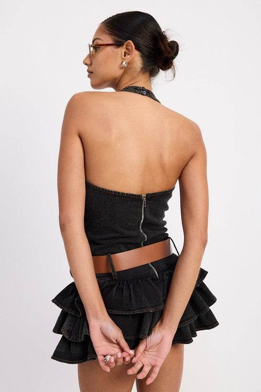 MINI BELTED RUFFLED DENIM DRESS WITH HALTER NECK - Shop Style & More | Fresh Looks, Everyday Deals & Free Shipping