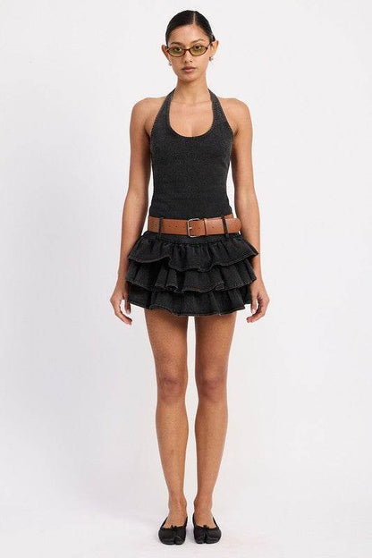 MINI BELTED RUFFLED DENIM DRESS WITH HALTER NECK - Shop Style & More | Fresh Looks, Everyday Deals & Free Shipping