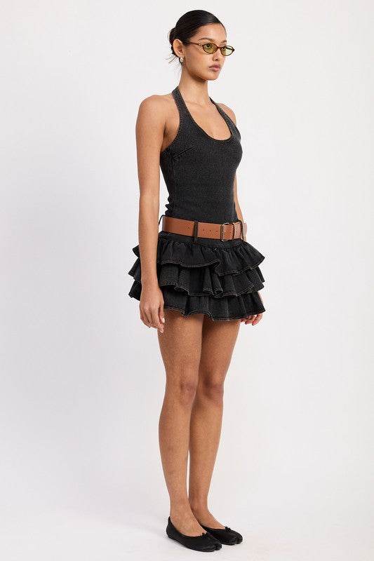 MINI BELTED RUFFLED DENIM DRESS WITH HALTER NECK - Shop Style & More | Fresh Looks, Everyday Deals & Free Shipping
