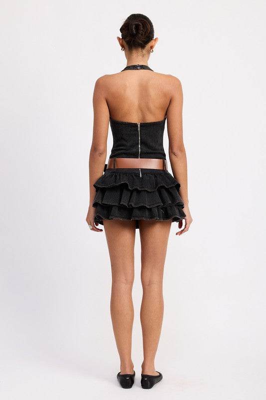 MINI BELTED RUFFLED DENIM DRESS WITH HALTER NECK - Shop Style & More | Fresh Looks, Everyday Deals & Free Shipping