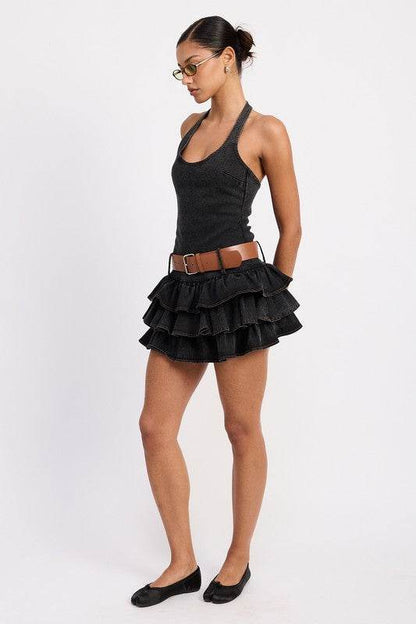 MINI BELTED RUFFLED DENIM DRESS WITH HALTER NECK - Shop Style & More | Fresh Looks, Everyday Deals & Free Shipping
