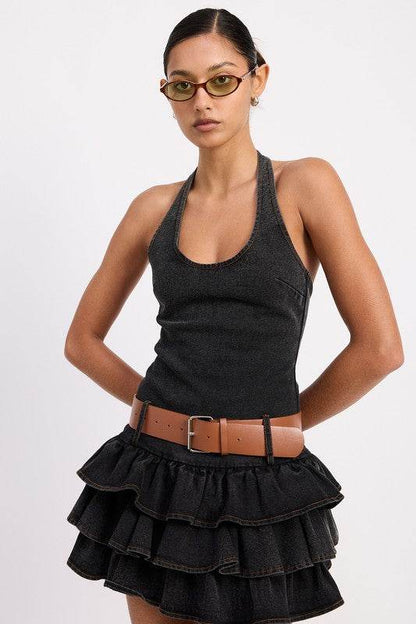 MINI BELTED RUFFLED DENIM DRESS WITH HALTER NECK - Shop Style & More | Fresh Looks, Everyday Deals & Free Shipping