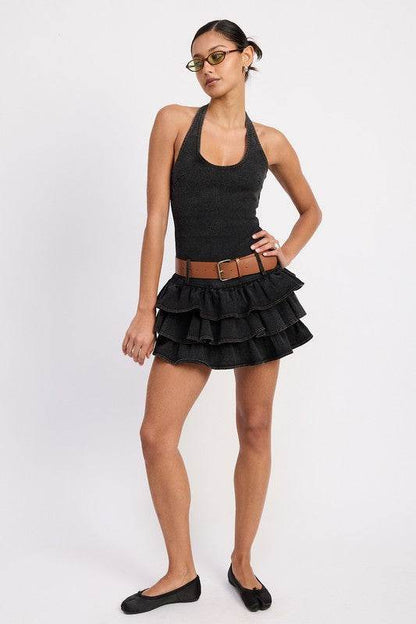 MINI BELTED RUFFLED DENIM DRESS WITH HALTER NECK - Shop Style & More | Fresh Looks, Everyday Deals & Free Shipping