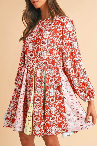 Floral Patchwork Long Sleeve Pleated Mini Dress - Shop Style & More | Fresh Looks, Everyday Deals & Free Shipping