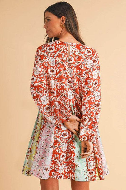 Floral Patchwork Long Sleeve Pleated Mini Dress - Shop Style & More | Fresh Looks, Everyday Deals & Free Shipping