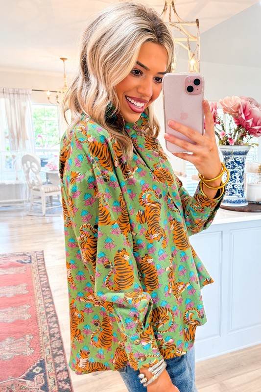 Tiger Floral Printed Collared V Neck Casual Blouse - Shop Style & More | Fresh Looks, Everyday Deals & Free Shipping