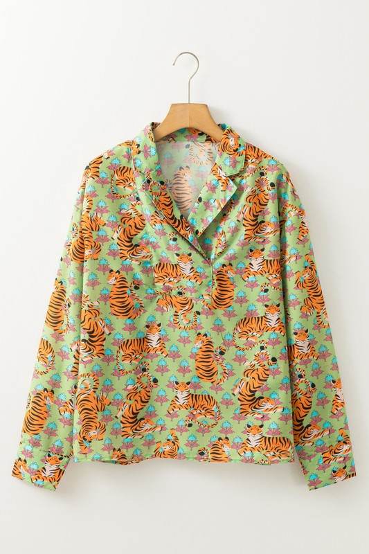 Tiger Floral Printed Collared V Neck Casual Blouse - Shop Style & More | Fresh Looks, Everyday Deals & Free Shipping