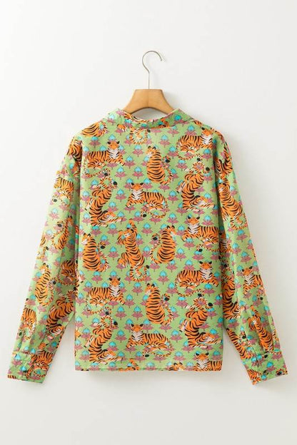 Tiger Floral Printed Collared V Neck Casual Blouse - Shop Style & More | Fresh Looks, Everyday Deals & Free Shipping