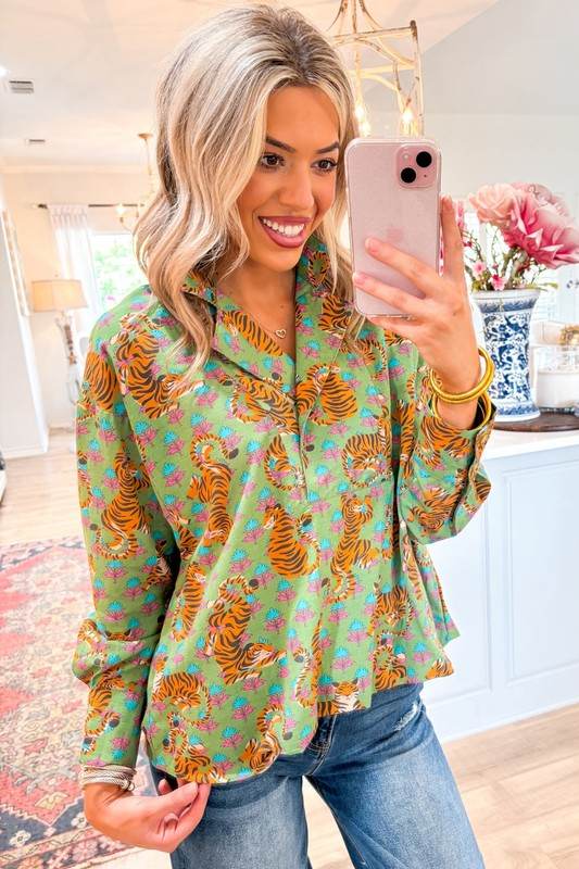 Tiger Floral Printed Collared V Neck Casual Blouse - Shop Style & More | Fresh Looks, Everyday Deals & Free Shipping