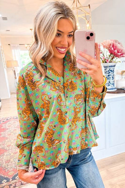 Tiger Floral Printed Collared V Neck Casual Blouse - Shop Style & More | Fresh Looks, Everyday Deals & Free Shipping