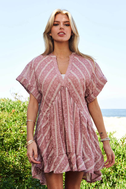 Davi & Dani Embroidery V Neck Short Sleeve Ruffled Mini Dress - Shop Style & More | Fresh Looks, Everyday Deals & Free Shipping