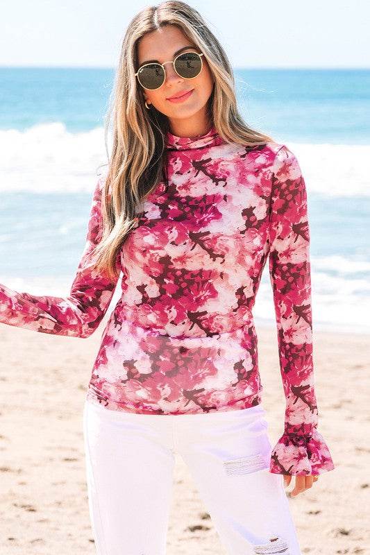 Rose Floral Mesh Flounce Sleeve Mock Neck Blouse - Shop Style & More | Fresh Looks, Everyday Deals & Free Shipping