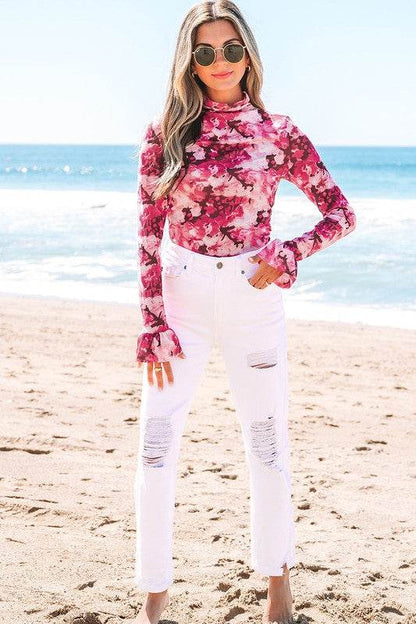 Rose Floral Mesh Flounce Sleeve Mock Neck Blouse - Shop Style & More | Fresh Looks, Everyday Deals & Free Shipping