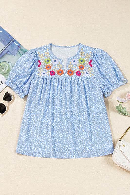 Floral Puff Sleeve Notched V Neck Blouse - Shop Style & More | Fresh Looks, Everyday Deals & Free Shipping