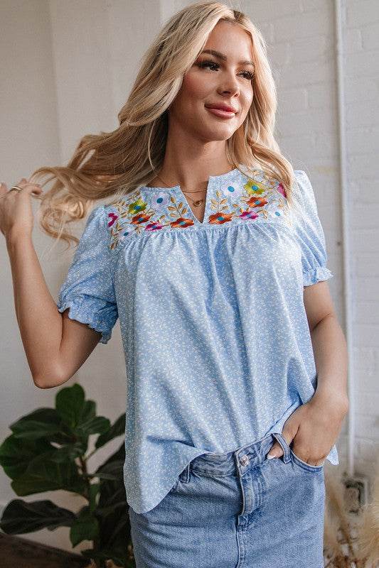 Floral Puff Sleeve Notched V Neck Blouse - Shop Style & More | Fresh Looks, Everyday Deals & Free Shipping