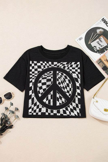 Checkerboard Peace Sign Printed Round Neck T Shirt - Shop Style & More | Fresh Looks, Everyday Deals & Free Shipping